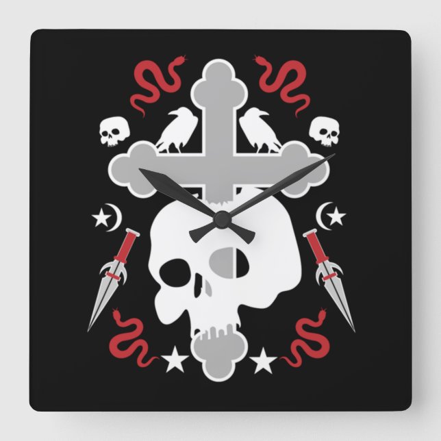 Goth Subculture Skull And Cross Square Wall Clock (Front)