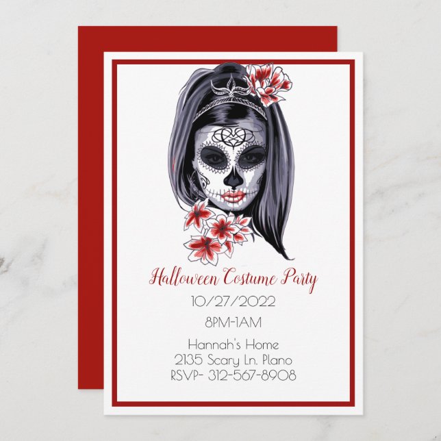 Goth Sugar Skull Girl Halloween Invitation (Front/Back)