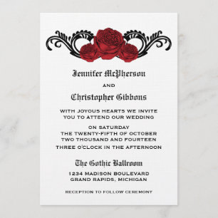 Goth Swirl Roses Wedding Invite, Red Invitation