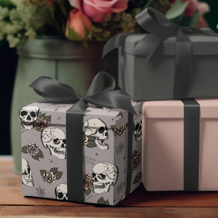 Goth Taupe Grey Skull and Flowers Halloween Wrapping Paper