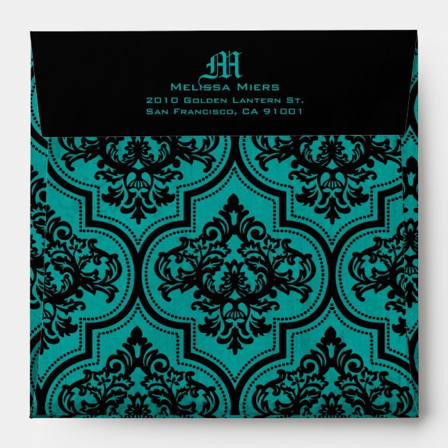 Goth Teal Black Damask Wedding Envelope (Back (Top Flap))