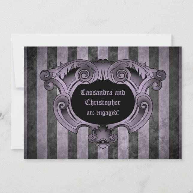 Goth theme black and purple engagement party invitation (Front)