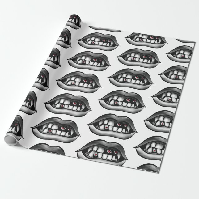 Goth Vampire Mouth With Fangs And Evil Creatures Wrapping Paper (Unrolled)