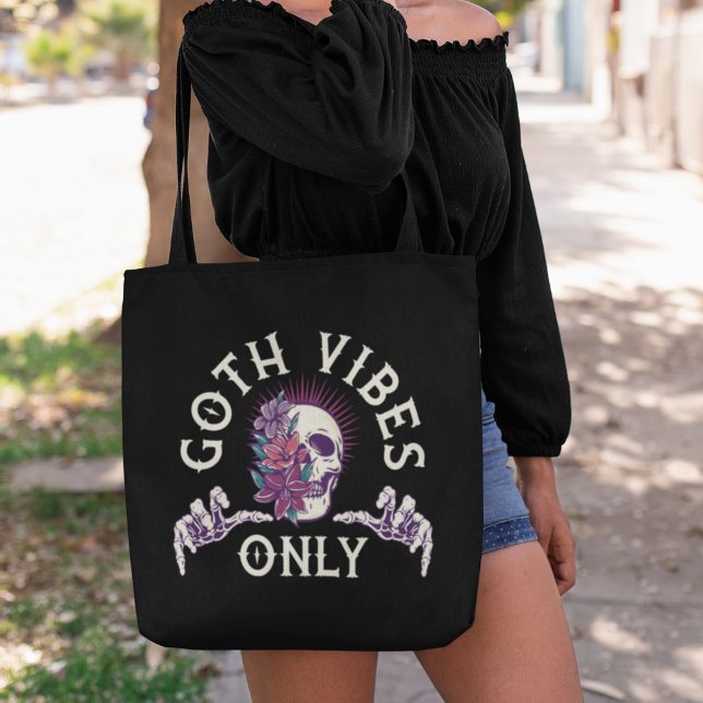 Goth Vibes Only Skull with Flowers Tote Bag (Creator Uploaded)