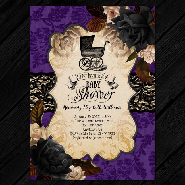 Goth Victorian Purple Baby Shower Invitation (Front)