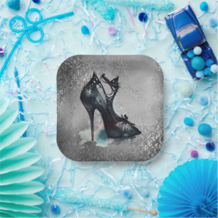 Goth Vogue Grunge   Teal Splash Stiletto High Heel Paper Plate