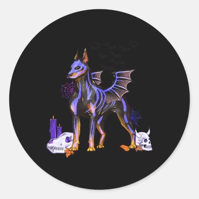 Goth Winged Doberman Dog Skulls Bat And Candles Ha Classic Round Sticker (Front)