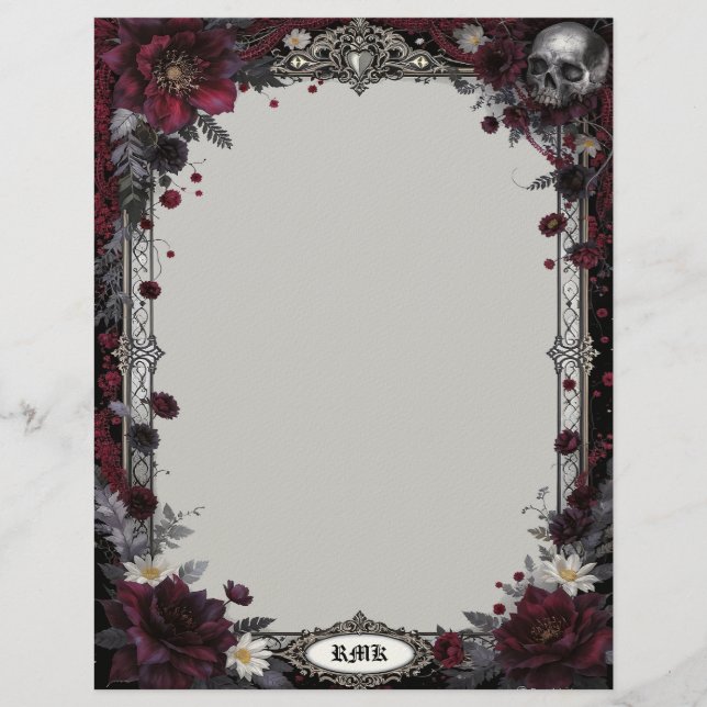 Goth with Red & White Flowers & Skull Stationery Custom Letterhead (Front)