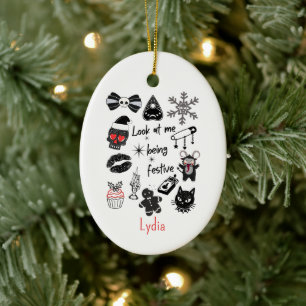Goth Womens Christmas Festive Doodles Ceramic Ornament