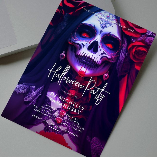Gothic Adult Halloween Party Red Purple Lady Skull Invitation (Gothic Adult Halloween Party Red Purple Lady Skull Invitation
)