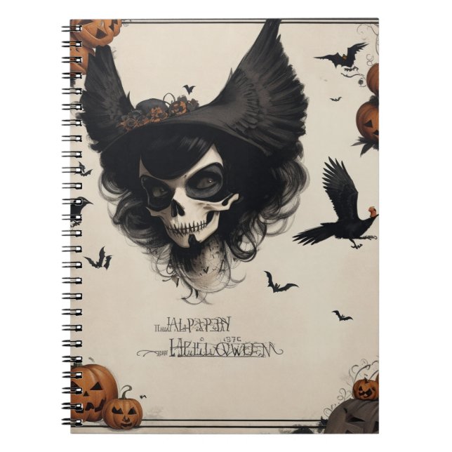 Gothic Aesthetics for Halloween Crow and Skull  Notebook (Front)