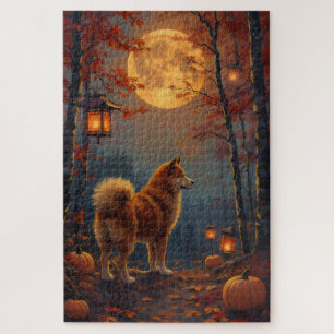 Gothic Akita Moonlit Halloween Oil Painting Jigsaw Puzzle