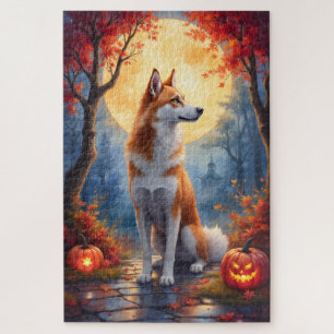 Gothic Akita Moonlit Halloween Oil Painting Jigsaw Puzzle