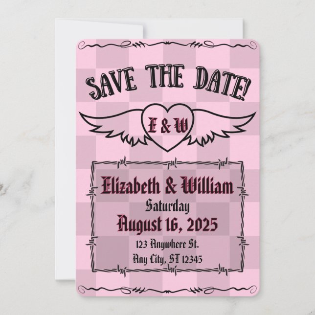 Gothic Alternative Chequered Tattoo Heart Save The Date (Front)