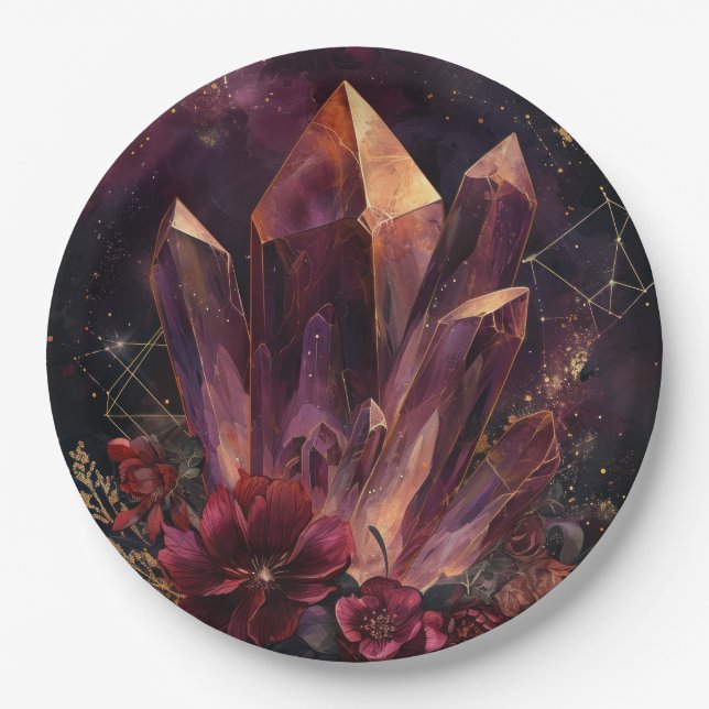 Gothic Amethyst Floral Galaxy Pattern Paper Plate (Front)