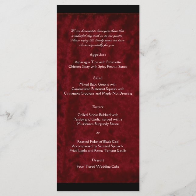 Gothic Angel on Red Velvet Wedding Menu (Front)