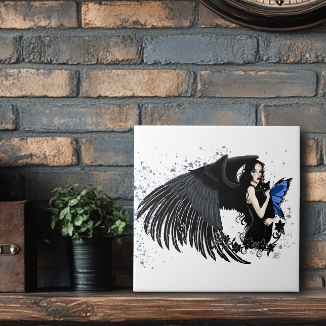 Gothic Angel Wings Black Cat Blue Fairy Ceramic Tile (Creator Uploaded)