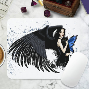 Gothic Angel Wings Black Cat Blue Fairy Mouse Pad