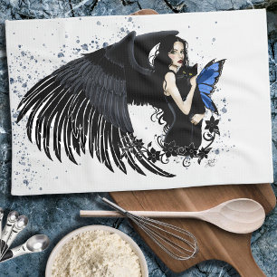 Gothic Angel Wings Black Cat Blue Fairy Tea Towel