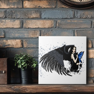 Gothic Angel Wings Black Cat Ceramic Tile