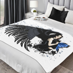 Gothic Angel Wings Black Cat Fleece Blanket