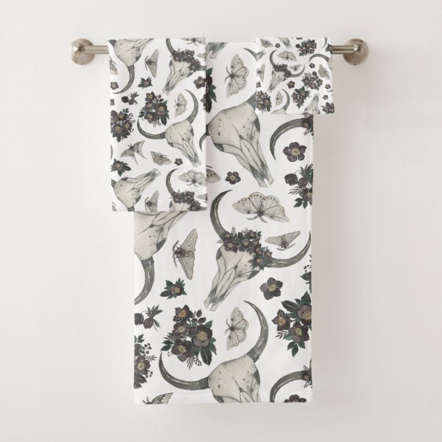Gothic Animal Skull With Flowers Pattern Bath Towel Set (Insitu)