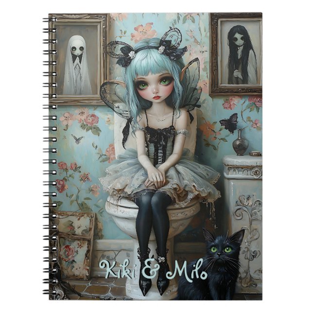 Gothic Anime Fairy & Cat in Bathroom Personalised Notebook (Front)