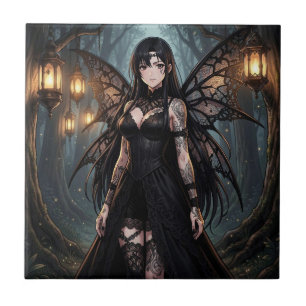 Gothic Anime Fairy Girl in Enchanted Forest Ceramic Tile