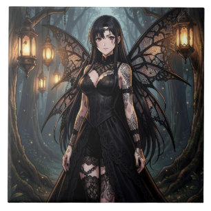 Gothic Anime Fairy Girl in Enchanted Forest Ceramic Tile