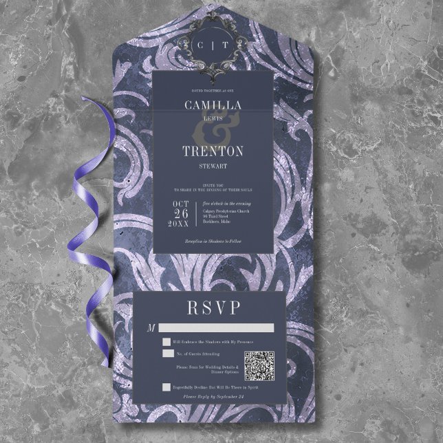Gothic Antique Purple Damask QR Code Wedding All In One Invitation (Gothic Antique Purple Damask QR Code Wedding All In One Invitation)