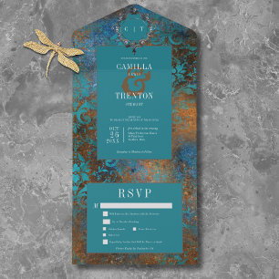 Gothic Antique Teal Gold Damask Dinner Wedding All In One Invitation
