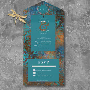 Gothic Antique Teal Gold Damask No Dinner Wedding All In One Invitation