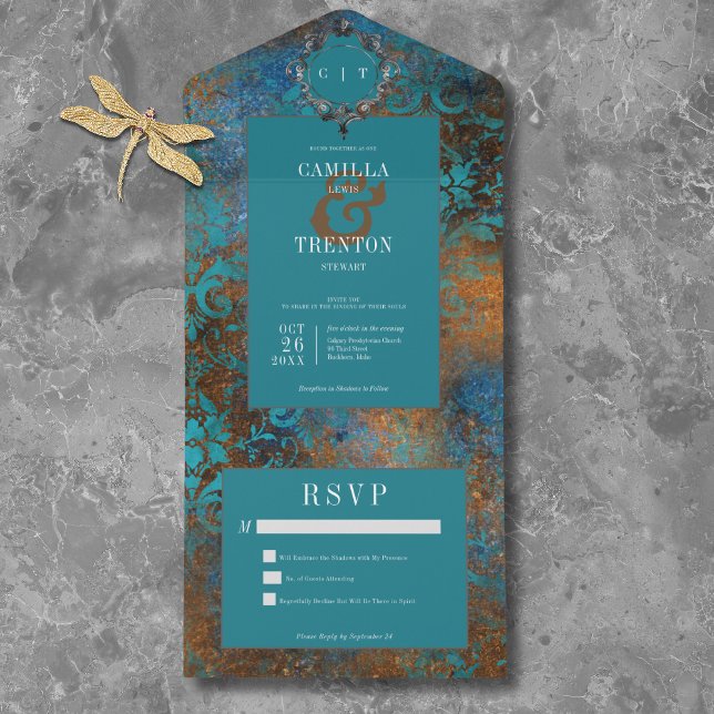 Gothic Antique Teal Gold Damask No Dinner Wedding All In One Invitation (Gothic Antique Teal Gold Damask No Dinner Wedding All In One Invitation)