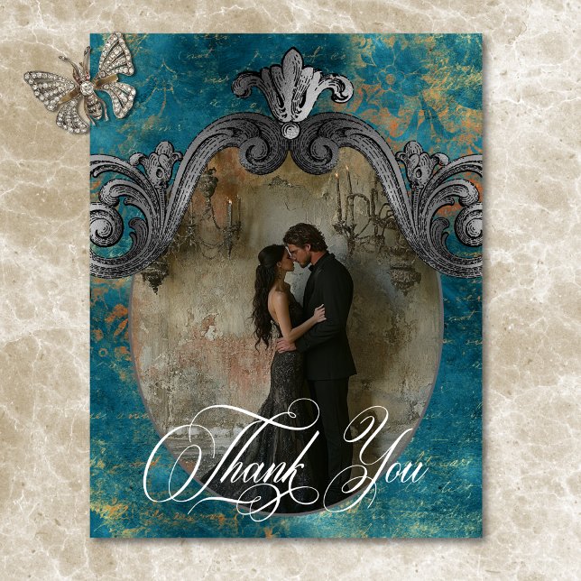 Gothic Antique Teal Gold Damask Photo Wedding Thank You Card (Gothic Antique Teal Gold Damask Photo Wedding Thank You Card)