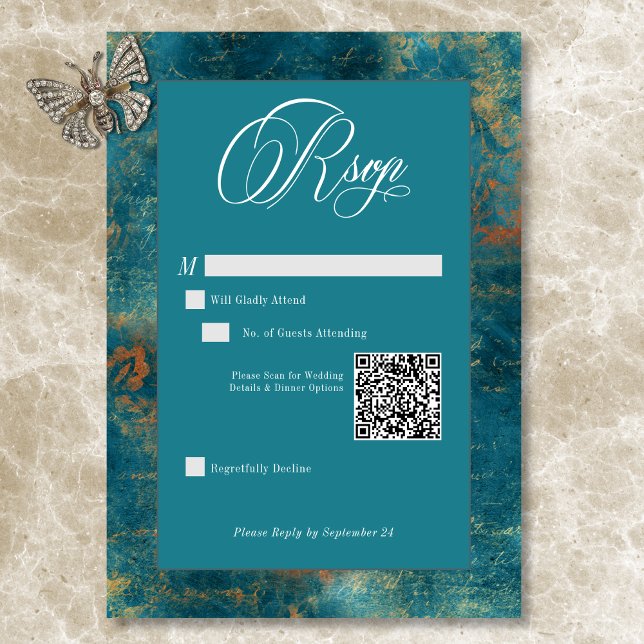 Gothic Antique Teal Gold Damask QR Code Wedding RSVP Card (Gothic Antique Teal Gold Damask QR Code Wedding RSVP Card)