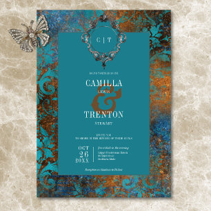 Gothic Antique Teal Gold Damask Wedding Invitation