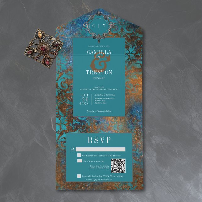 Gothic Antique Teal Gold Damask Wedding QR Code All In One Invitation (Creator Uploaded)