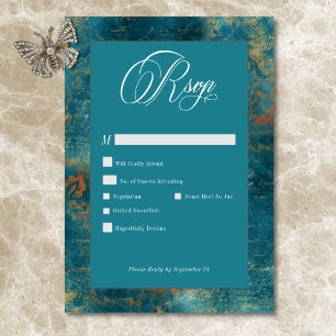 Gothic Antique Teal Gold Damask Wedding RSVP Card
