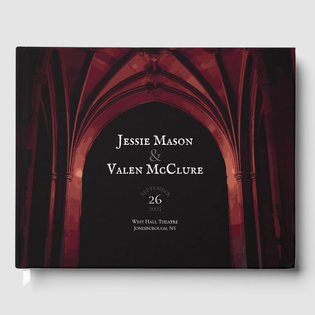 Gothic Arch Elegant Wedding Dark Black Red Guest Book (Front)