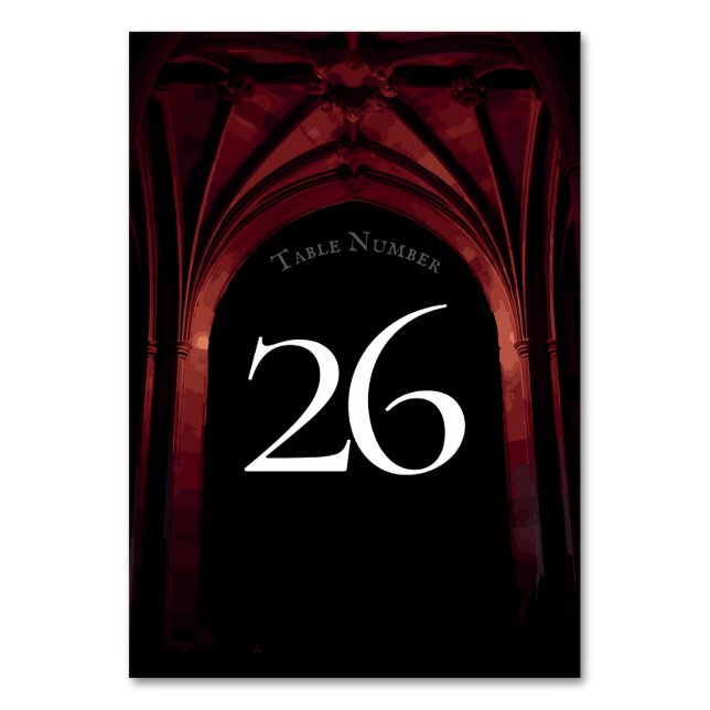 Gothic Arch Elegant Wedding Dark Black Red Table Number (Back)