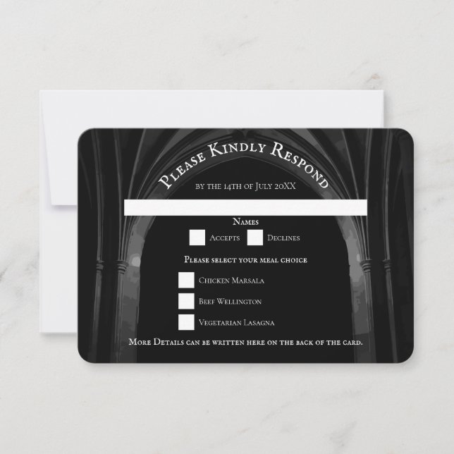 Gothic Arch Elegant Wedding Dark Black & White Invitation (Front)