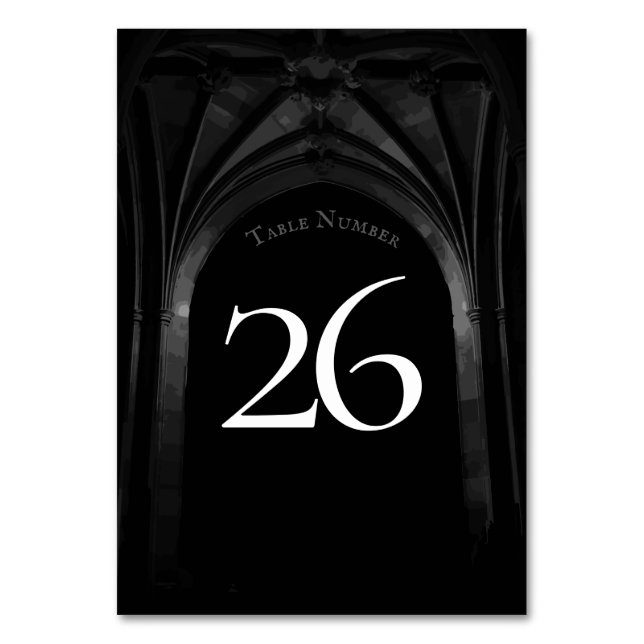 Gothic Arch Elegant Wedding Dark Black & White Table Number (Back)