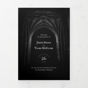 Gothic Arch Elegant Wedding Dark Black & White Tri-Fold Programme