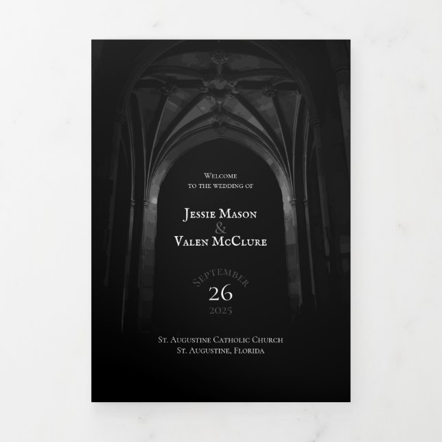 Gothic Arch Elegant Wedding Dark Black & White Tri-Fold Programme (Cover)