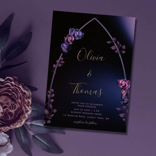 Gothic Arch Moody Purple Roses Gold Script Wedding Invitation (Creator Uploaded)