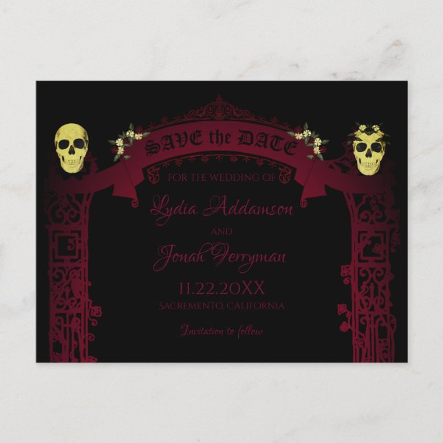 Gothic Arch Trellis and Skulls Wedding Announcement Postcard (Front)