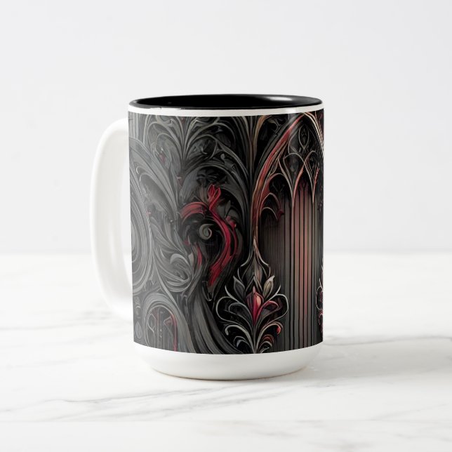 Gothic Arched Design Coffee Mug – Black and Red Ar (Front Left)