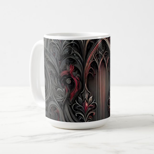 Gothic Arches Mug – Black and Red Elegance (Front Left)