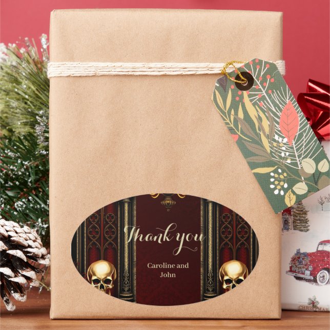 Gothic Archway with Skulls Oval Sticker (Holiday)