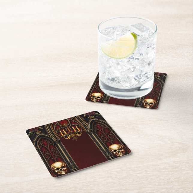 Gothic Archway with Skulls. Square Paper Coaster (Insitu)